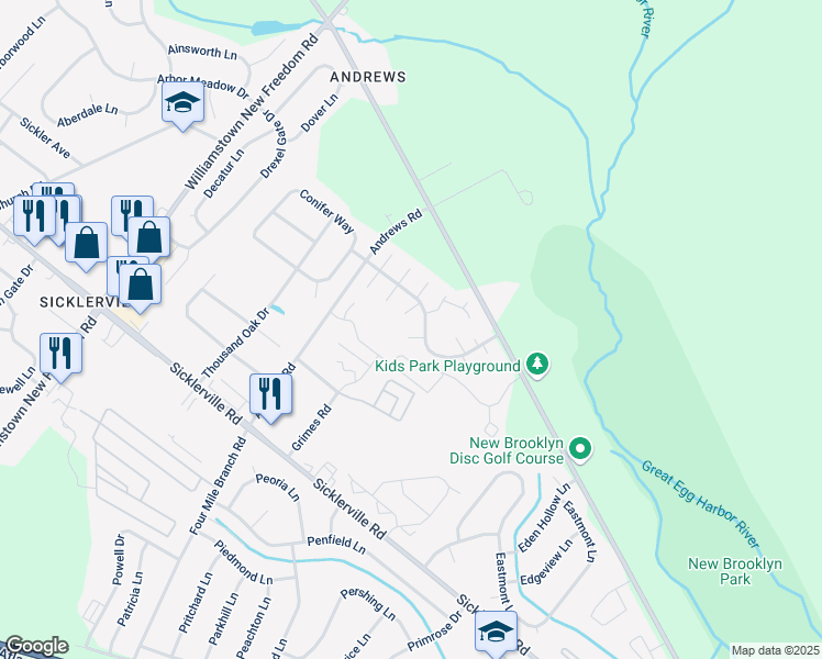 map of restaurants, bars, coffee shops, grocery stores, and more near 16 Lyric Court in Winslow Township