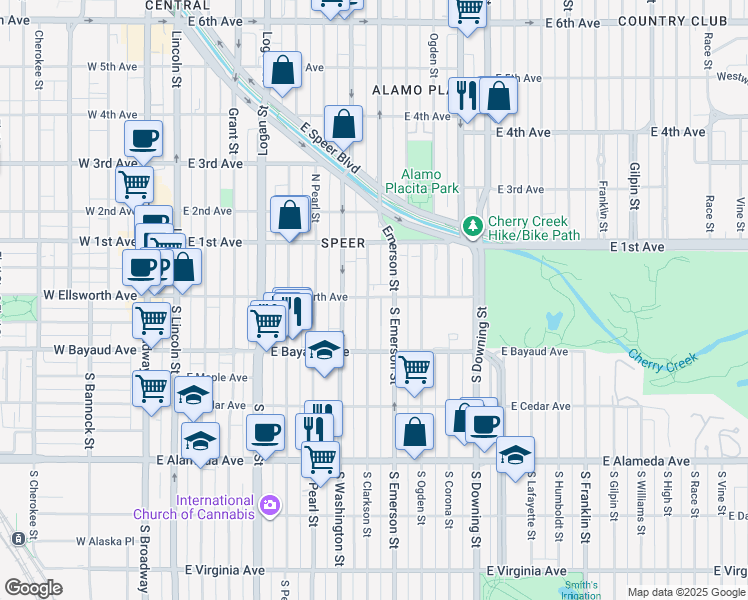map of restaurants, bars, coffee shops, grocery stores, and more near 8 South Clarkson Street in Denver