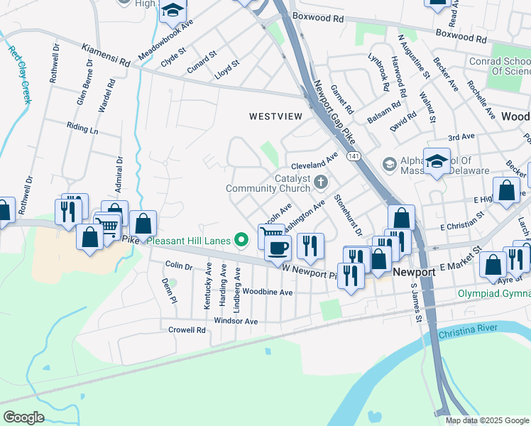 map of restaurants, bars, coffee shops, grocery stores, and more near 250 Pennsylvania Avenue in Wilmington