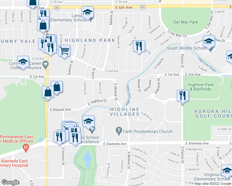 map of restaurants, bars, coffee shops, grocery stores, and more near 11514 East 1st Place in Aurora
