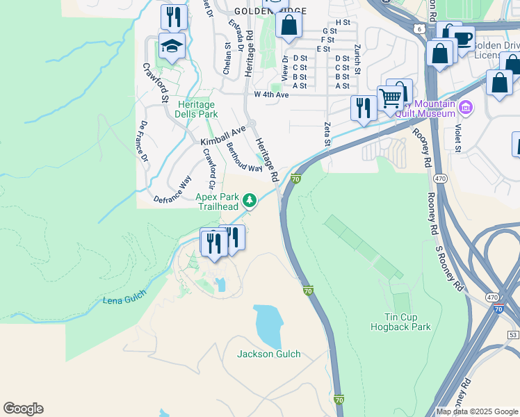 map of restaurants, bars, coffee shops, grocery stores, and more near 121 County Road 93 in Golden