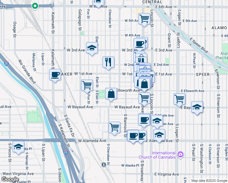 map of restaurants, bars, coffee shops, grocery stores, and more near 17 Bannock Street in Denver