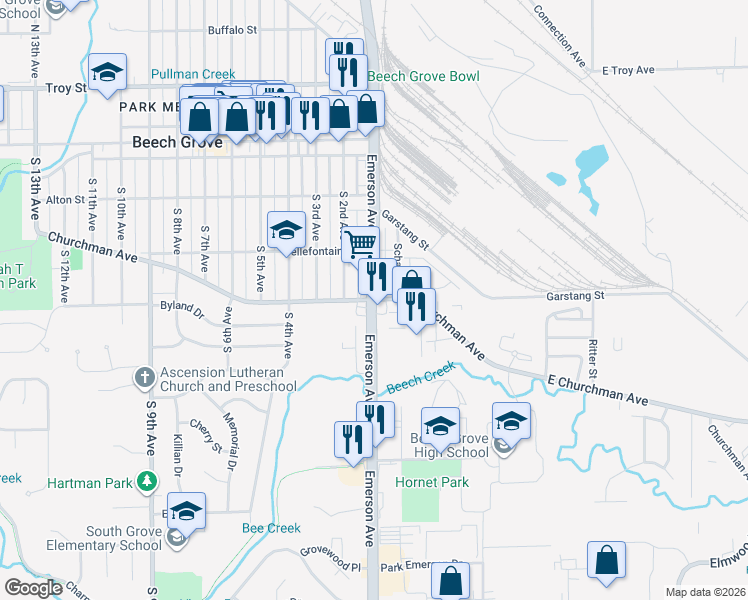 map of restaurants, bars, coffee shops, grocery stores, and more near S Emerson Ave & Churchman Ave in Beech Grove