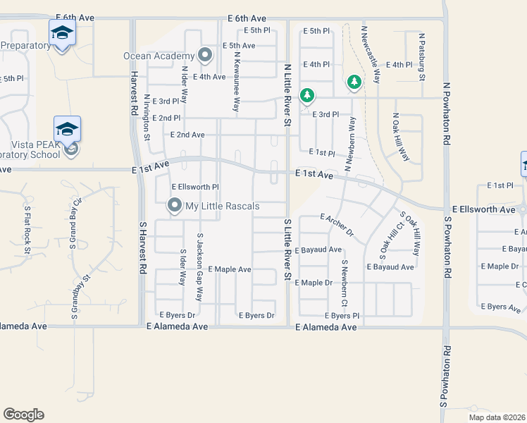 map of restaurants, bars, coffee shops, grocery stores, and more near 25528 East Archer Place in Aurora