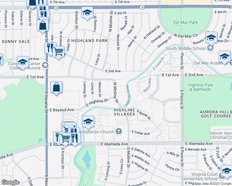 map of restaurants, bars, coffee shops, grocery stores, and more near 11514 East 1st Place in Aurora