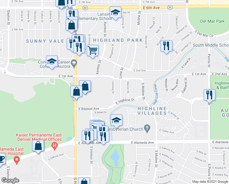 map of restaurants, bars, coffee shops, grocery stores, and more near 58 Lansing Street in Aurora