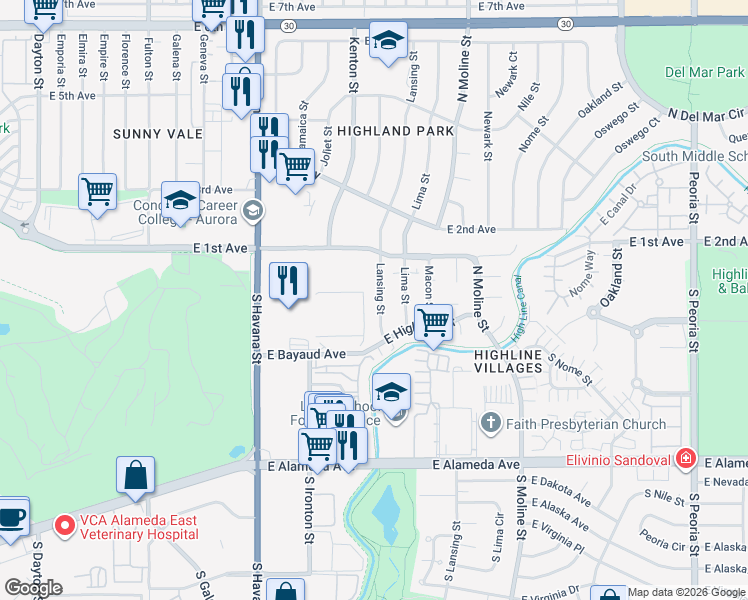 map of restaurants, bars, coffee shops, grocery stores, and more near 58 Lansing Street in Aurora
