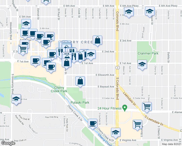 map of restaurants, bars, coffee shops, grocery stores, and more near 40 Madison Street in Denver