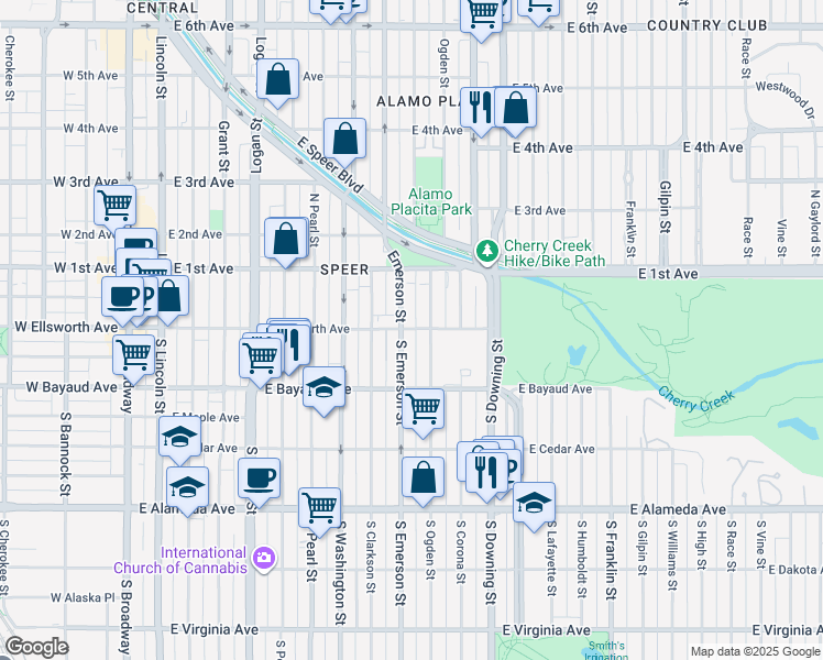 map of restaurants, bars, coffee shops, grocery stores, and more near 29 Ogden Street in Denver