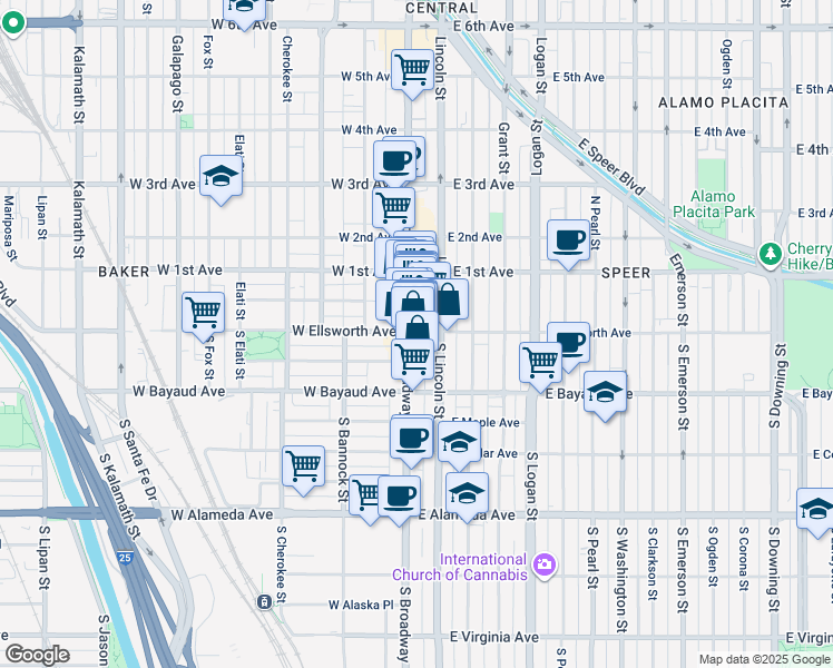 map of restaurants, bars, coffee shops, grocery stores, and more near in Denver