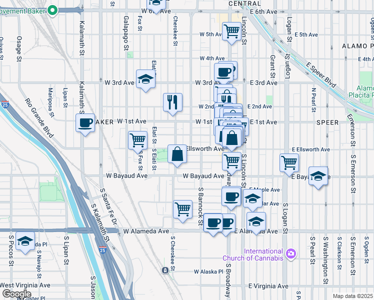 map of restaurants, bars, coffee shops, grocery stores, and more near 17 Bannock Street in Denver