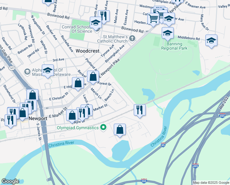 map of restaurants, bars, coffee shops, grocery stores, and more near 306 Forest Drive in Wilmington