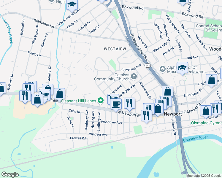 map of restaurants, bars, coffee shops, grocery stores, and more near 104 Roosevelt Avenue in Wilmington