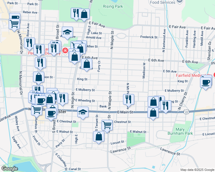 map of restaurants, bars, coffee shops, grocery stores, and more near 424 King Street in Lancaster