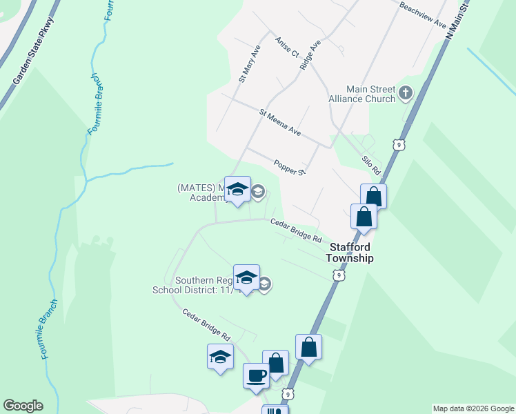 map of restaurants, bars, coffee shops, grocery stores, and more near 203 Cedar Bridge Road in Stafford Township