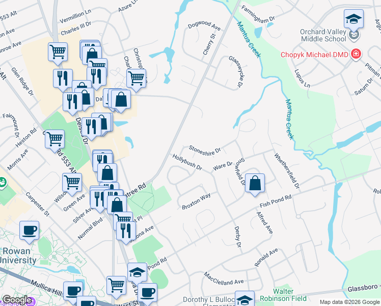 map of restaurants, bars, coffee shops, grocery stores, and more near 23 Redwood Court in Glassboro