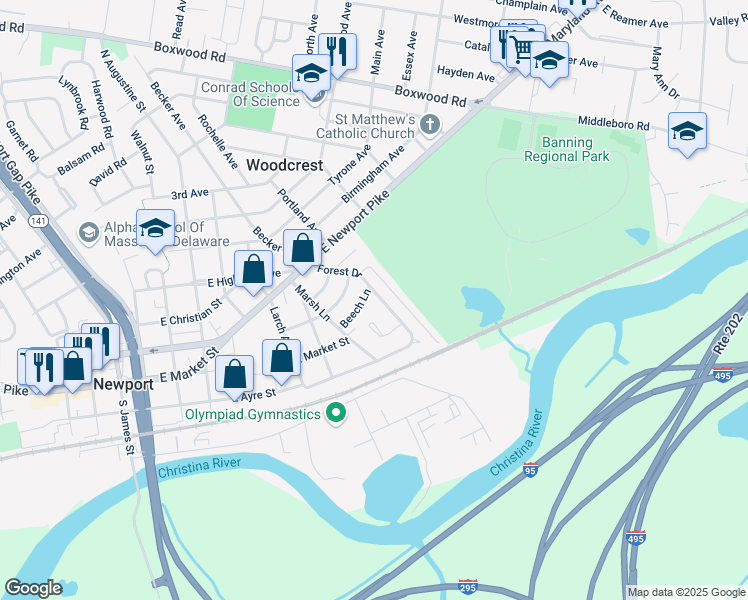 map of restaurants, bars, coffee shops, grocery stores, and more near 306 Forest Drive in Wilmington