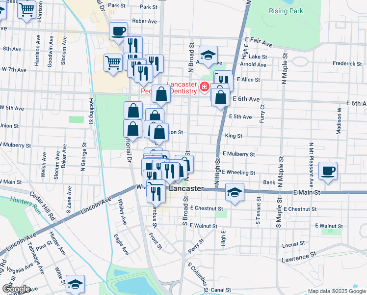 map of restaurants, bars, coffee shops, grocery stores, and more near 105 West Mulberry Street in Lancaster