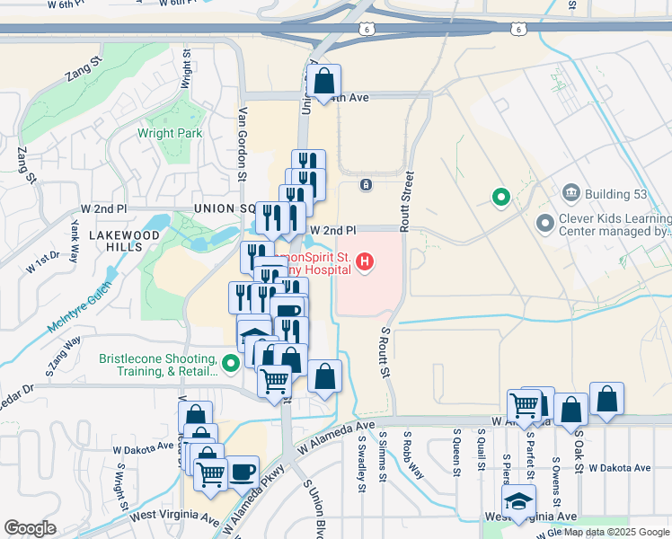 map of restaurants, bars, coffee shops, grocery stores, and more near Healing Way in Lakewood