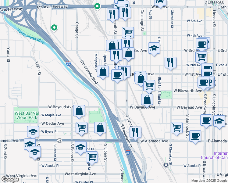 map of restaurants, bars, coffee shops, grocery stores, and more near 30 Kalamath Street in Denver
