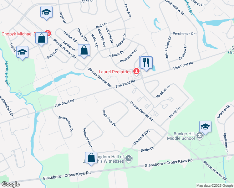map of restaurants, bars, coffee shops, grocery stores, and more near 305 Pitman Downer Road in Glassboro