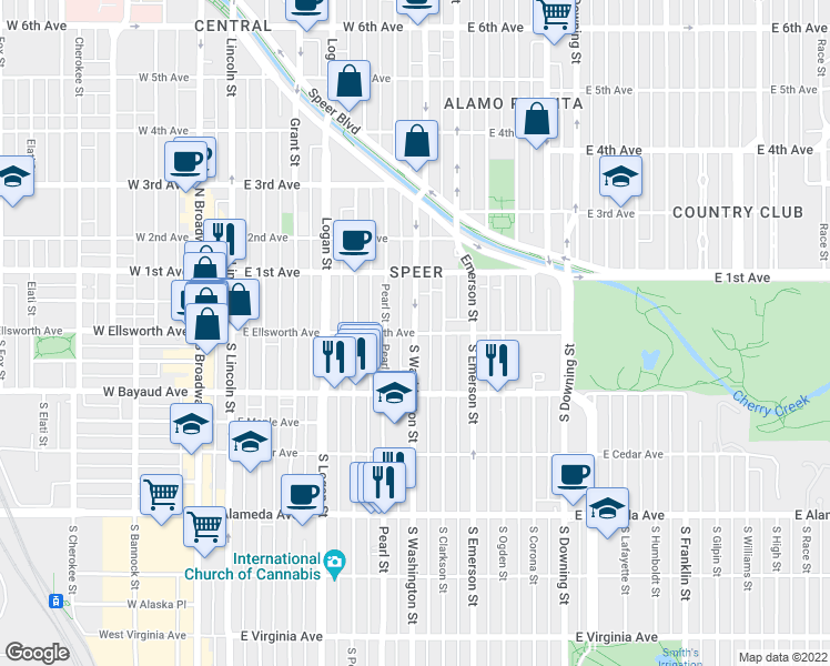 map of restaurants, bars, coffee shops, grocery stores, and more near S Washington St & E Ellsworth Ave in Denver