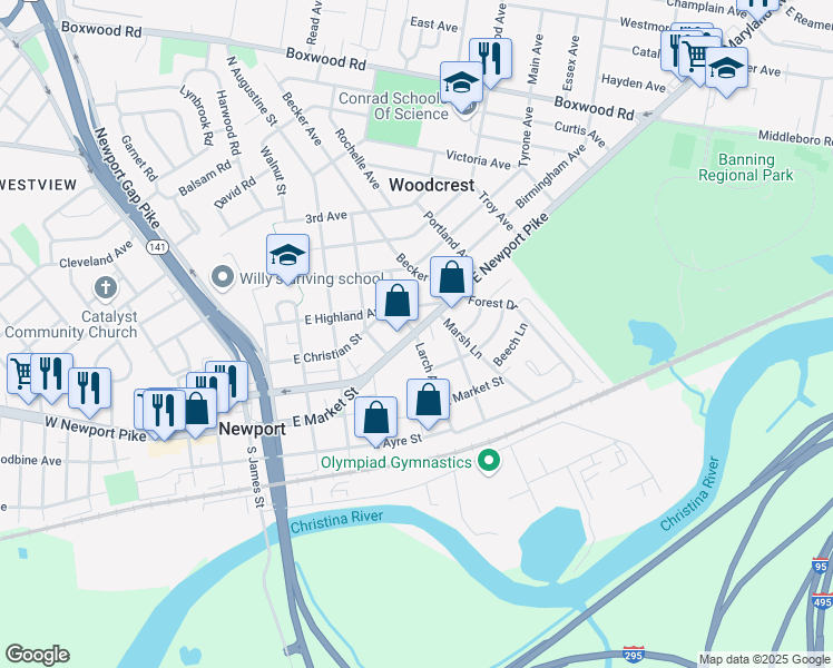 map of restaurants, bars, coffee shops, grocery stores, and more near 6 Larch Avenue in Wilmington
