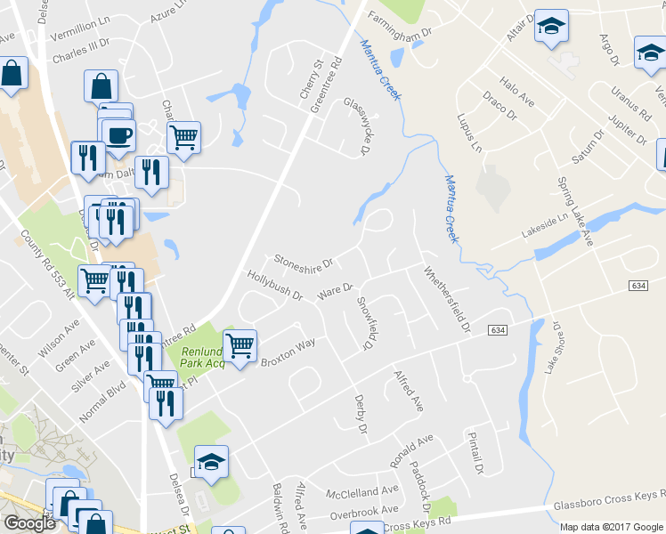 map of restaurants, bars, coffee shops, grocery stores, and more near 24 Canterbury Court in Glassboro
