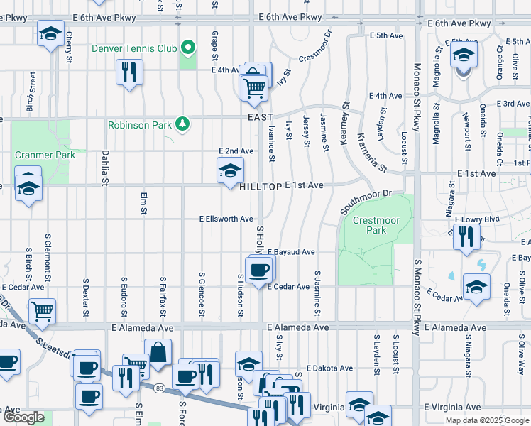 map of restaurants, bars, coffee shops, grocery stores, and more near 55 Ivanhoe Street in Denver