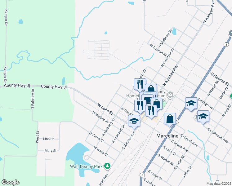 map of restaurants, bars, coffee shops, grocery stores, and more near 100 North Poplar Street in Marceline