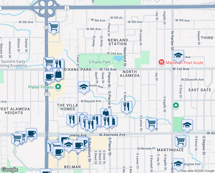 map of restaurants, bars, coffee shops, grocery stores, and more near 22 Pierce Street in Denver