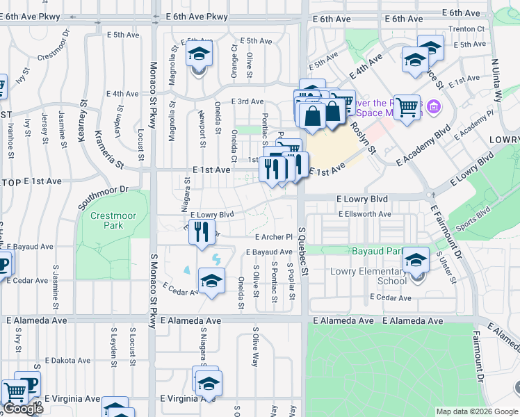 map of restaurants, bars, coffee shops, grocery stores, and more near 7198 East Lowry Boulevard in Denver
