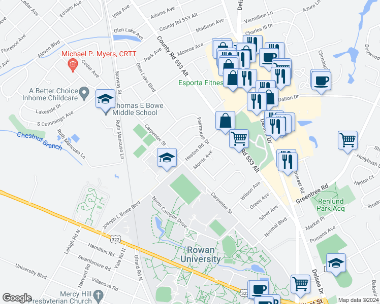 map of restaurants, bars, coffee shops, grocery stores, and more near 607 Heston Road in Glassboro