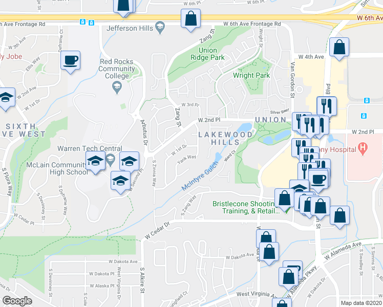 map of restaurants, bars, coffee shops, grocery stores, and more near 65 Yank Way in Lakewood