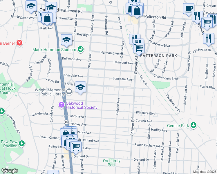 map of restaurants, bars, coffee shops, grocery stores, and more near 327 Forrer Boulevard in Dayton