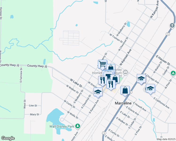 map of restaurants, bars, coffee shops, grocery stores, and more near 100-198 North Poplar Street in Marceline