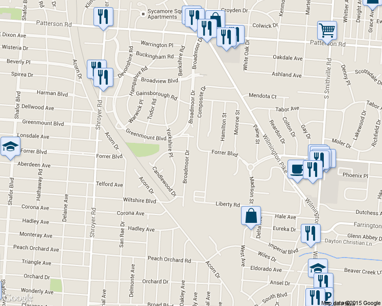 map of restaurants, bars, coffee shops, grocery stores, and more near 2212 Broadmoor Drive in Dayton