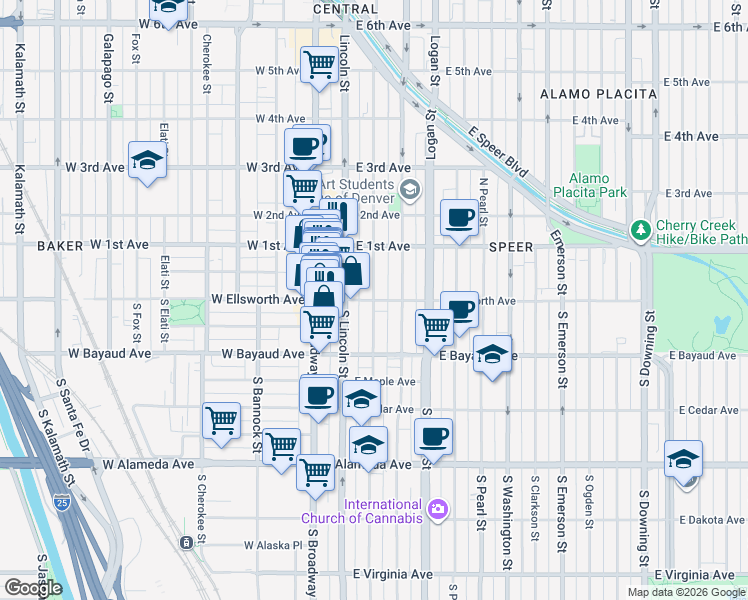 map of restaurants, bars, coffee shops, grocery stores, and more near East Ellsworth Avenue & Sherman Street in Denver