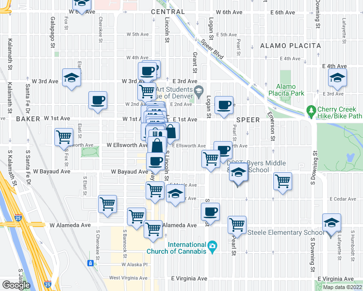 map of restaurants, bars, coffee shops, grocery stores, and more near S Sherman St & Sherman St in Denver