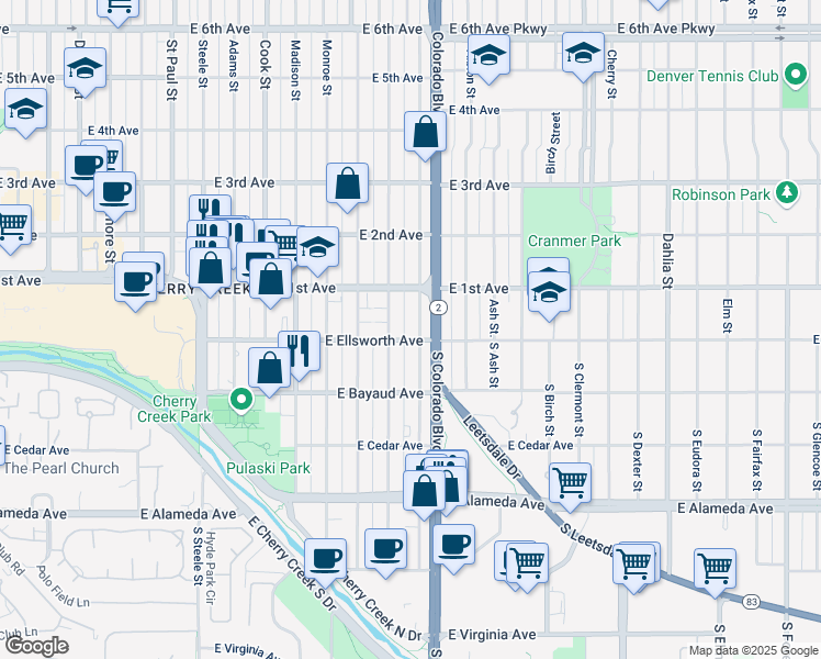 map of restaurants, bars, coffee shops, grocery stores, and more near in Denver