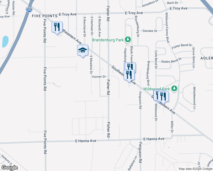 map of restaurants, bars, coffee shops, grocery stores, and more near 3524 Fisher Road in Indianapolis