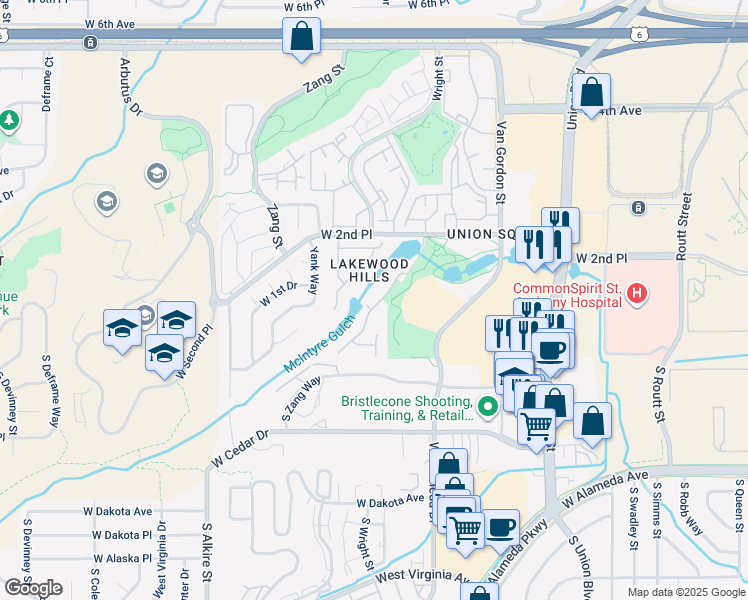 map of restaurants, bars, coffee shops, grocery stores, and more near 103 Ward Court in Lakewood