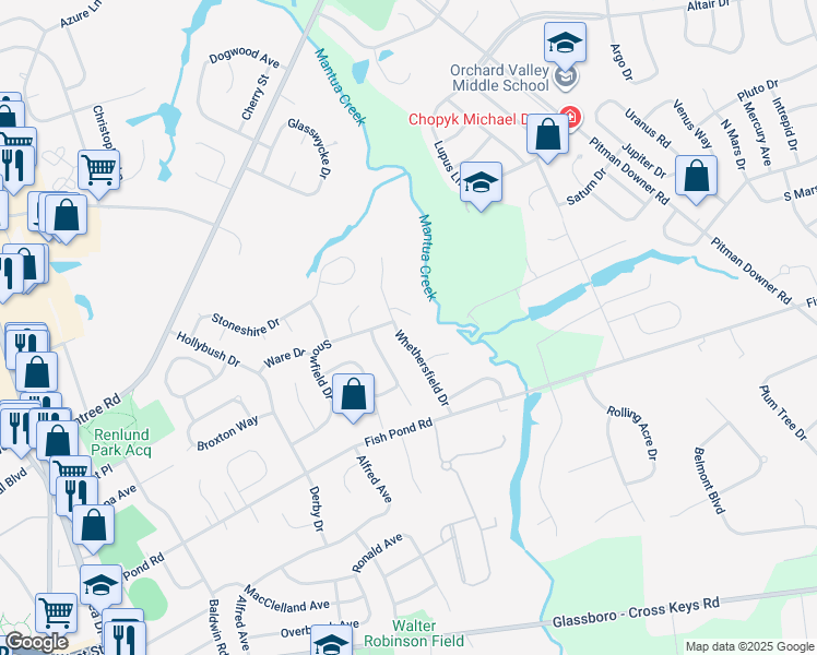 map of restaurants, bars, coffee shops, grocery stores, and more near 6 Breckenwood Place in Glassboro