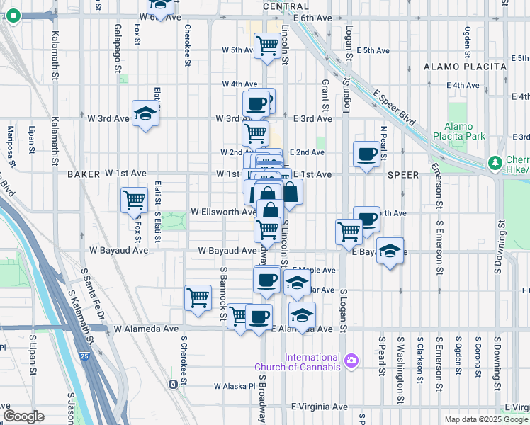 map of restaurants, bars, coffee shops, grocery stores, and more near Broadway & East Ellsworth Avenue in Denver