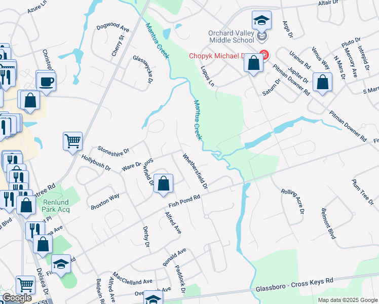map of restaurants, bars, coffee shops, grocery stores, and more near 6 Breckenwood Place in Glassboro