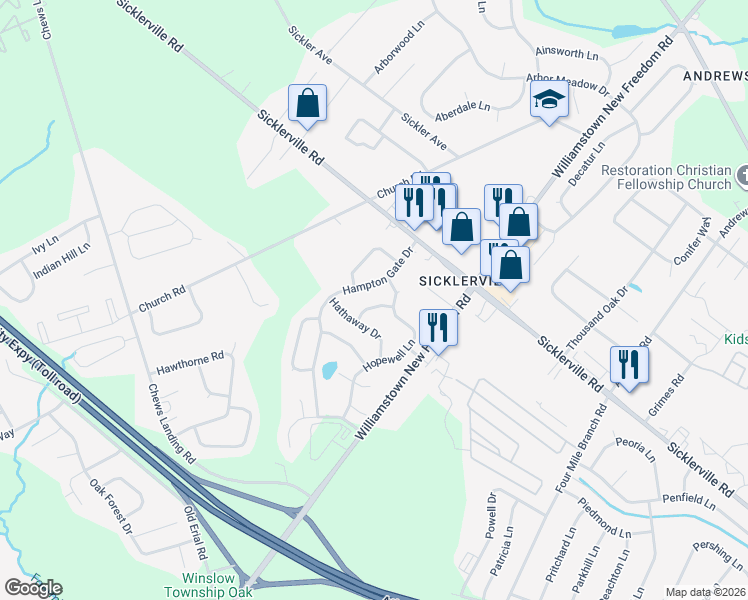 map of restaurants, bars, coffee shops, grocery stores, and more near 56 Hampton Gate Drive in Winslow Township
