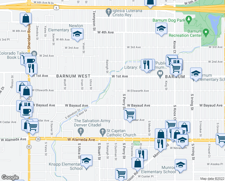 map of restaurants, bars, coffee shops, grocery stores, and more near 4201 West Ellsworth Avenue in Denver