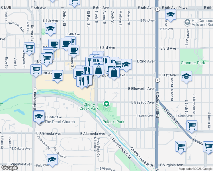 map of restaurants, bars, coffee shops, grocery stores, and more near 48 Steele Street in Denver