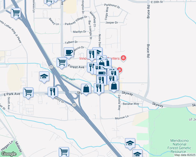 map of restaurants, bars, coffee shops, grocery stores, and more near 2444 Notre Dame Boulevard in Chico
