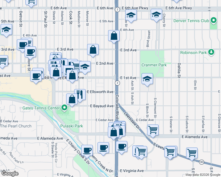 map of restaurants, bars, coffee shops, grocery stores, and more near in Denver
